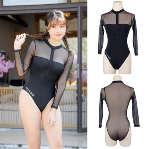 Women's Sexy Shiny See Through Swimsuit Long Sleeve Bodysuit High Cut Swimwear - Picture 1 of 11