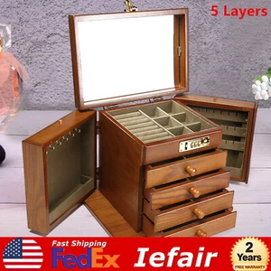 5 Schichten Vintage Große Schmuck Organizer Holz Aufbewahrungsbox Koffer mit 4 Schubladen - Bild 1 von 8