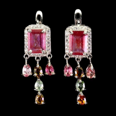925 Sterling Silver Earrings Octagon Ruby 8x6mm Tourmaline Gemstone Jewelry - Image 1 of 4