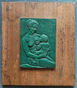 Tsuda Eiju Mother Child Relief Plaque Wooden Frame Japan Art NOT FOR SALE - Picture 1 of 16