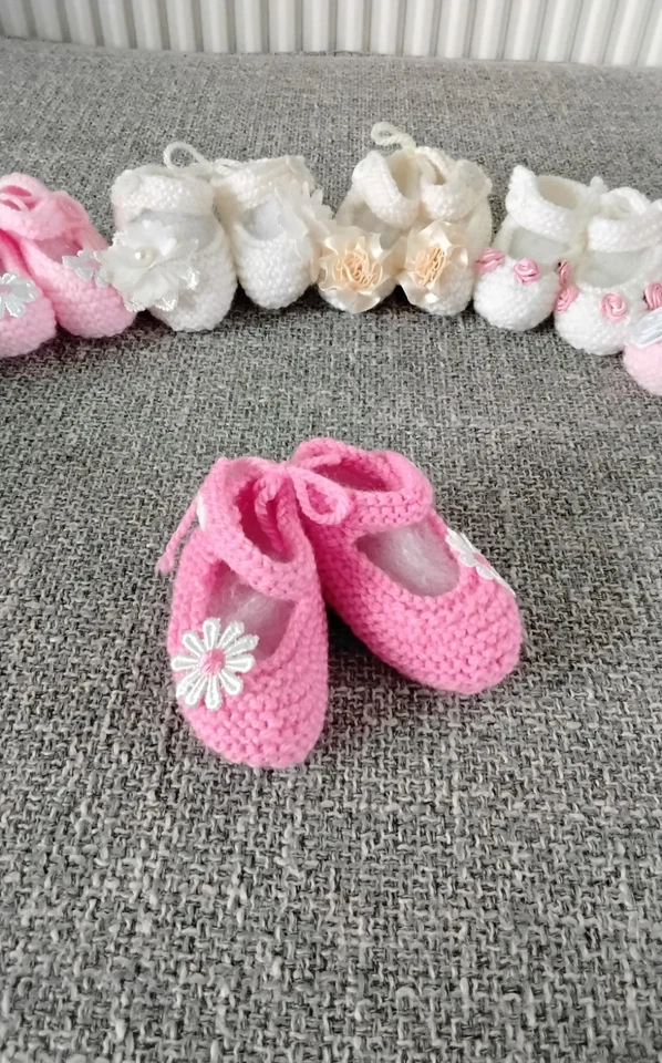 Hand Knitted Mary Jane Sugar Pink Daisy Shoes - Image 1 of 2