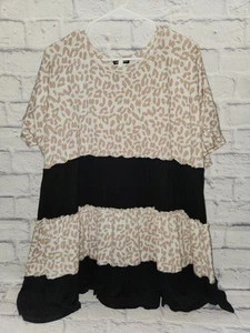 Hemish USA BeigeLeopard Contrast Loose FitTiered Ruffle Sleeve Top Babydoll 3x - Picture 1 of 3
