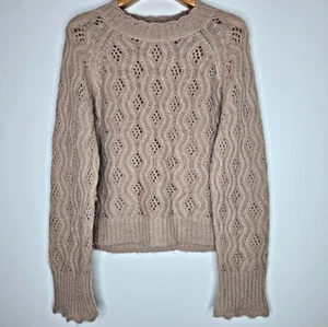 J Crew Alpaca Wool Blend Sweater Sz XL Pointelle Scallop Trim Open Knit Neutral - Picture 1 of 12