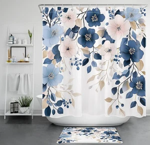 Juego de cortinas de ducha florales vintage botánicas azules y rosas para decoración de baño - Imagen 1 de 25