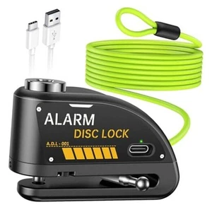  Rechargeable Motorcycle Lock with 120db Alarm and 6FT Steel Reminder Black - Picture 1 of 7