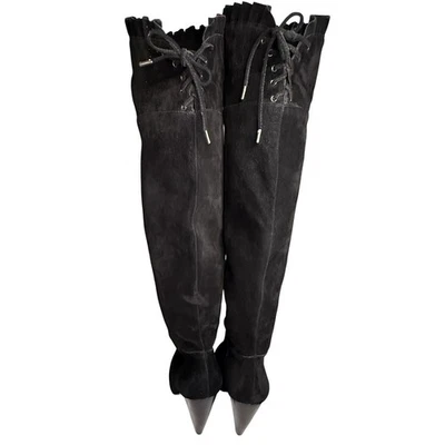 Botas BCBG Generation Sanji negras de gamuza sobre la rodilla con cordones de tacón grueso 6 Foto 1 de 4