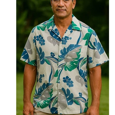 Camisa Hattie Hawaiana Botón Para Hombres XL Blanca Azul Verde Tropical Algodón Aloha Foto 1 de 4