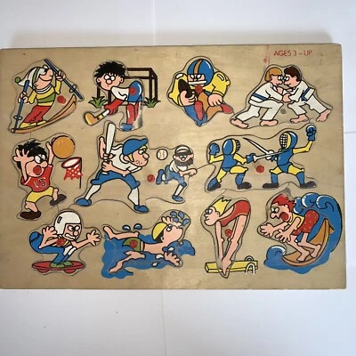 Wooden Puzzle Vintage Toddler Peg Sports Football Baseball Fencing Ski Swim Dive - Image 1 of 4