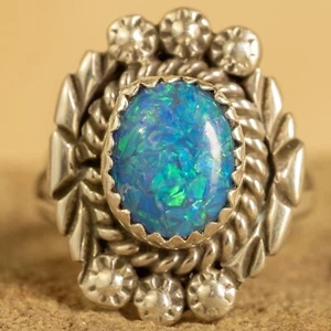 Indianer Navajo Sterlingsilber ovaler Feueropal Ring Größe 5,75 - Bild 1 von 5