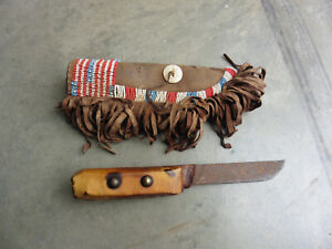 Vintage Handmade Knife Deer Skin Sinew Covered Handle Beaded Flag Leather Sheath