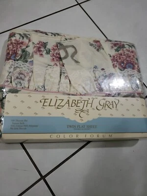 Vintage Elizabeth Gray Victoria Twin Flat Sheet  JCPenney Lace Floral Percale - Image 1 of 4