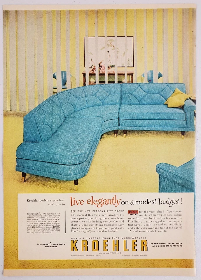 1957 Print Ad Kroehler Furniture Sofa in Living Room Naperville,Illinois - Image 1 of 1