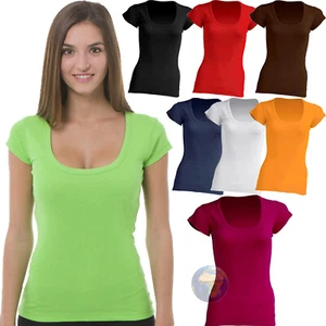 DAMEN T-SHIRT Kurzarm Shirt JHK Ausschnitt BAUMWOLLE Sexy OFFENER KRAGEN Top - Bild 1 von 9