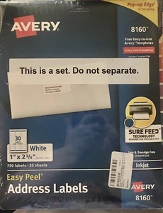 Avery Easy Peel Add. Labels 8160, Sure Feed Tech. , 1" x 2-5/8" 1,500 labels - Picture 1 of 2