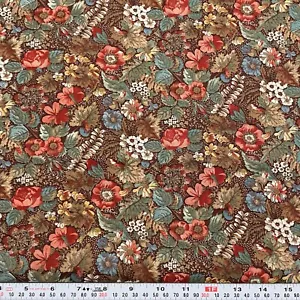 Vintage Joan Kessler Concord Florals on Brown Cotton Fabric Remnant 16" x 44" - Picture 1 of 2