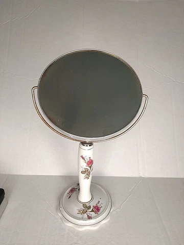 vintage round tilt mirror on metal and porcelain stand, 6" mirror and 6" base Cover