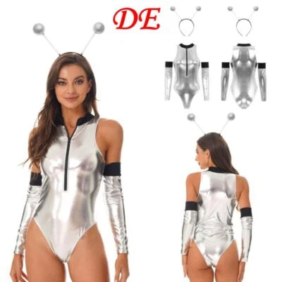 DE Damen Bodysuit Unitard Catsuit Reißverschluss Alien Haarreif Party