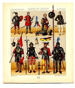 Antique Print Litho 15-16th C FRENCH MILITARY UNIFORM 1888 Le Costume Historique - Picture 1 of 2