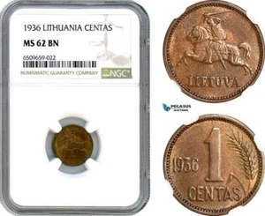 AH971, Lithuania, 1 Centas 1936, NGC MS62BN - Picture 1 of 1