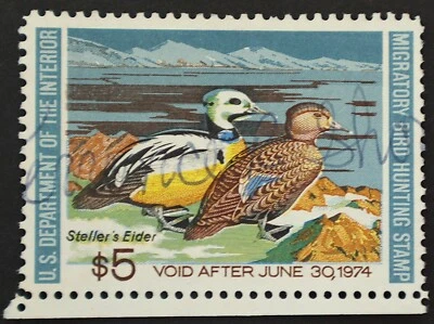 U.S. Used Stamp Scott #RW40 $5 Federal Duck Hunting Sheet Margin. VF. Choice! - Image 1 of 2