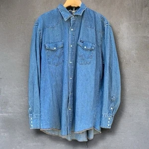 Camisa a Presión Vintage Wrangler Denim Abotonada Perla Para Hombre Talla 2XT Envejecida - Imagen 1 de 11