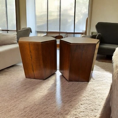 Mid Century Modern LANE Hexagon Wood Side Tables / Plant Stand / Pedestal - Pair - Image 1 of 4
