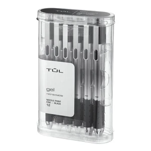 Plumas de gel retráctiles TUL GL1, punta de aguja, 0,5 mm, barril gris/tinta negra, paquete de 12 - Imagen 1 de 2
