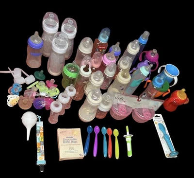 Huge Lot Baby Bottles Pacifiers Spoons Sippy Cups Etc New & Used - Image 1 of 4