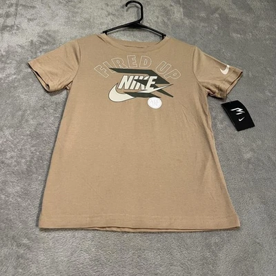 Nike Shirt Youth Medium Tan Fired Up Swoosh Logo All In Graphic Tee Kids NWT - Image 1 of 4