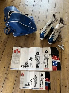 Vintage 1980s's Roller Rider Skates Boots White Blue Leather 6 ROM Toe Guard - Picture 1 of 11
