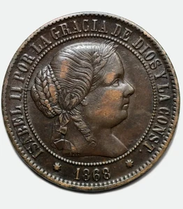 1868 Spain 5 Centimos Isabella II XF Rare Ghosting Error Coin - Picture 1 of 3