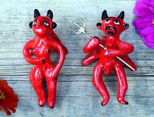 Devil Pitchfork and Girl Devil Clay Ornaments Set of 2 Handmade Mexican Folk Art - Picture 1 of 10