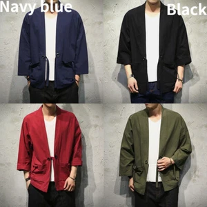 Men Japanese Kimono Shirt Tang Suit Top Lace Up Retro Kung Fu Blouse Casual Chic - Picture 1 of 16