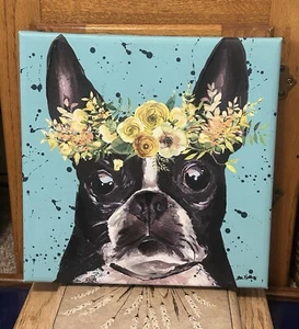 Canvas Art Print Glicee Paint Boston Terrier Dog Flower Crown SIGNED Lee Keller - Picture 1 of 8