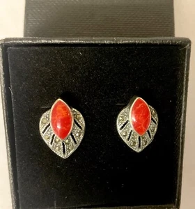 Sterling silver Red Coral Marquise Marcasite Stud Earrings  1920s Art Deco style - Picture 1 of 7