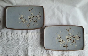 Japanese Art Pottery Prunus Cherry Blossom Sushi Plate LOT 2 Rectangular Blue - Picture 1 of 7