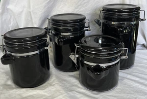 Set of 4 Black Ceramic Kitchen Canisters Coffee Sugar Flour No Spoons - Picture 1 of 8