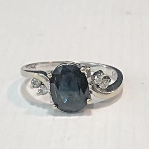 14K Solid White Gold Ring With Natural Oval Cut Blue Sapphire & Diamond Size 6.5 - Picture 1 of 7