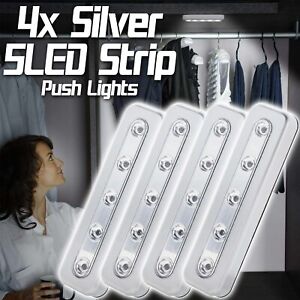 4 X SILVER 5 LED STRIP PUSH LIGHTS 3M STICKERS BATTERY STICK ON KITCHEN CUPBOARD