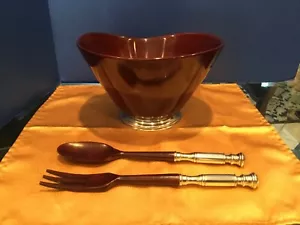 Vintage Mahogany and Sterling Modernist Salad Bowl Set, three pieces - Picture 1 of 8