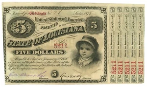 1878 Bond of the State of Louisiana, LA 5 $ Bond Certificate No.5211 (60018) - Bild 1 von 2