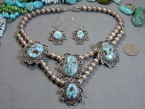 NAVAJO signierte DRY CREEK TÜRKIS Sterlingsilber KÜRBISBLÜTE & OHRRINGE - Bild 1 von 13