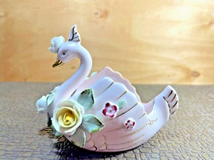 Lefton China Hand Painted Pink Swan Trinket Dish, Flowers & Gold Accents - Picture 1 of 6