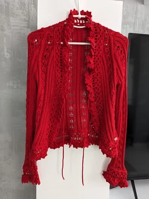 Chanel 04p Rojo Tejido Viscosa Crochet Mangas Largas Cárdigan Suéter Chaqueta Jersey Foto 1 de 4