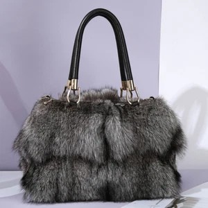 Women's Bags Fashion Genuine Silver Fox Fur Handbag Diagonal Chain Shoulder Bag - Picture 1 of 14