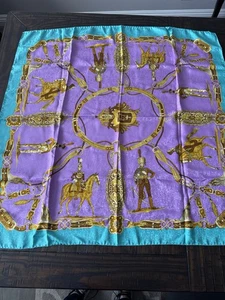 Vintage Greek Silk Scarf Purple Turquoise Gold Equestrian Military Print - Picture 1 of 12