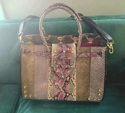 Custom Made Genuine Python Multi Colored Studded Crossbody Handbag 14x12 - Image 1 of 4