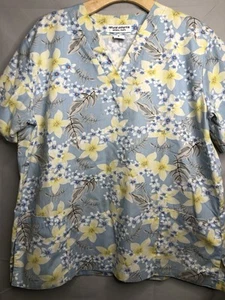 Natural Uniforms Natural Prints Blue Yellow Floral Scrub Shirt Women's Size M - Picture 1 of 18
