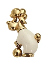 Trifari Crown Over T Gold Tone Off White Lucite Dog Brooch, Signed - Picture 1 of 7