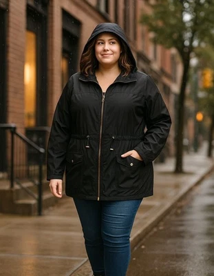 Ava & Viv 连帽夹克 2X 黑色防水拉链前加大码实用 — 第 1/4 张图片
